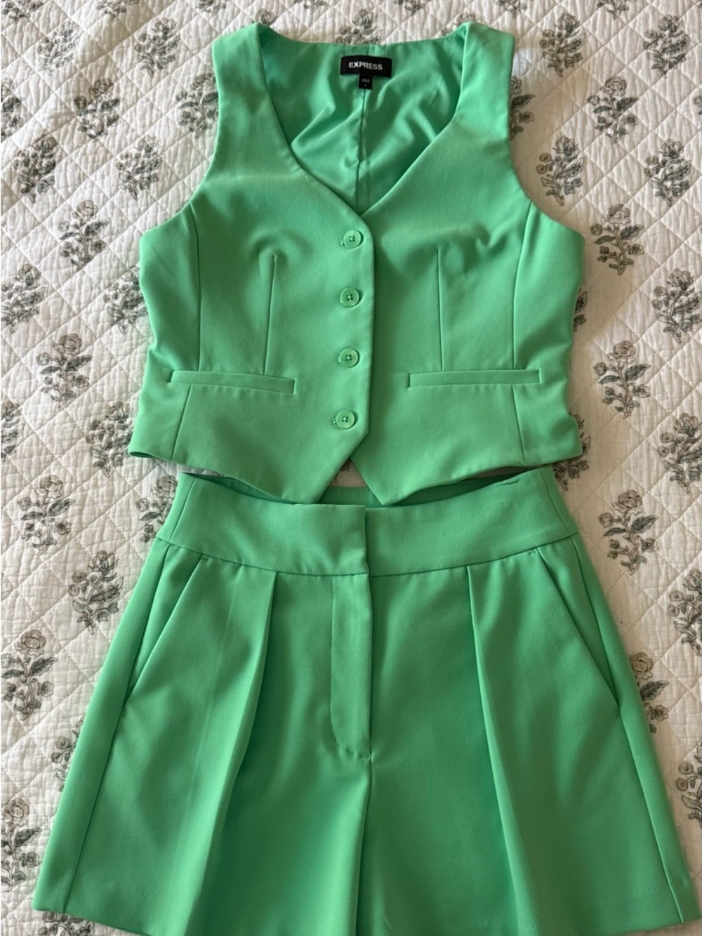 Express Kelly Green Tailored Co-ord Set | Vest & High-Waisted Shorts